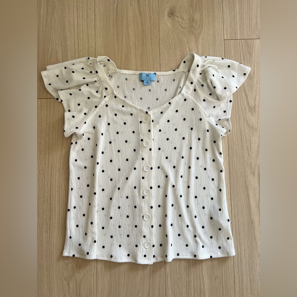 CeCe White and Black Polka Dot Ruffled Cap Sleeve Top